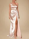 Sheath/Column One Shoulder Silk-like Satin Sweep Train Ruffles Prom Dresses PT020118192