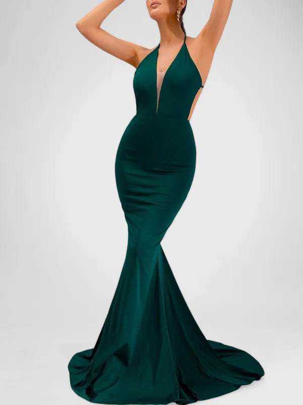 Trumpet/Mermaid Halter Stretch Crepe Sweep Train Ruched Prom Dresses PT020118247