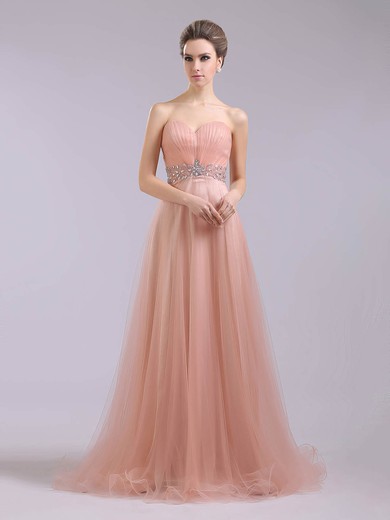 Designer Strapless A-line Tulle Sweep Train Crystal Detailing Prom Dresses #02014369