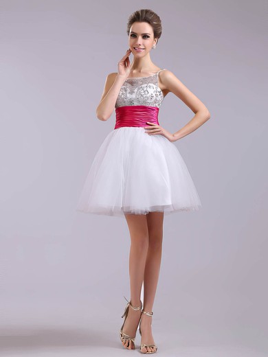 Short/Mini White Tulle Fuchsia Sashes Classic Square Neckline Crystal Detailing Prom Dress #02051668
