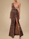 Sheath/Column One Shoulder Velvet Sequins Ankle-length Split Front Prom Dresses PT020118718