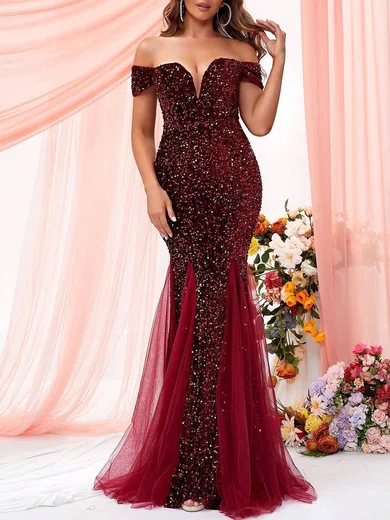 Sparkly Trumpet/Mermaid Sequin Tulle Off-the-shoulder Formal Dresses PT020118730
