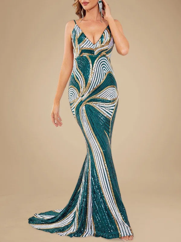 Trumpet/Mermaid V-neck Sequined Sweep Train Prom Dresses PT020118749