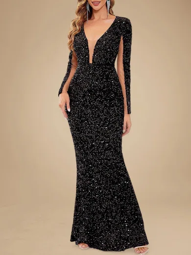 Sparkly Black Sequin Trumpet/Mermaid V-neck Formal Dresses PT020118755
