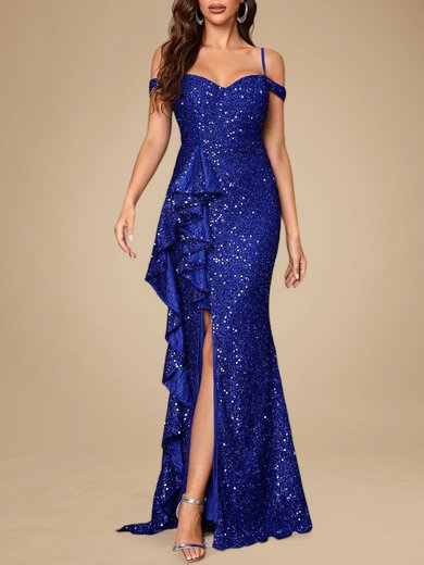 Trumpet/Mermaid V-neck Velvet Sequins Floor-length Ruffles Prom Dresses PT020118760
