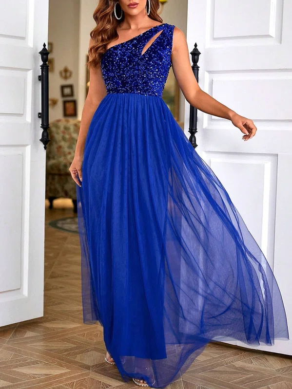 Sparkly A-line Tulle Sequin One Shoulder Cut Out Maxi Dress PT020118807