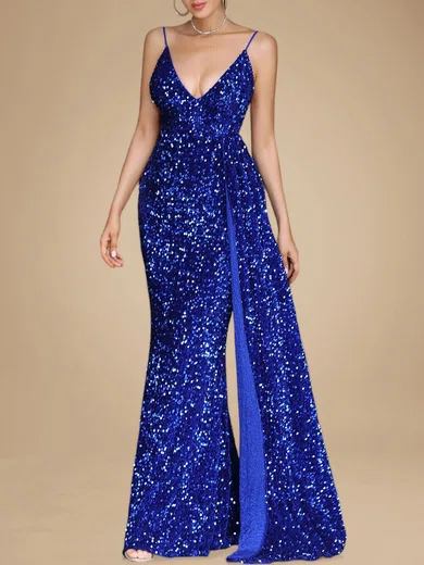 Sparkly Royal Blue Sheath/Column Sequin V-neck Formal Dresses PT020118869