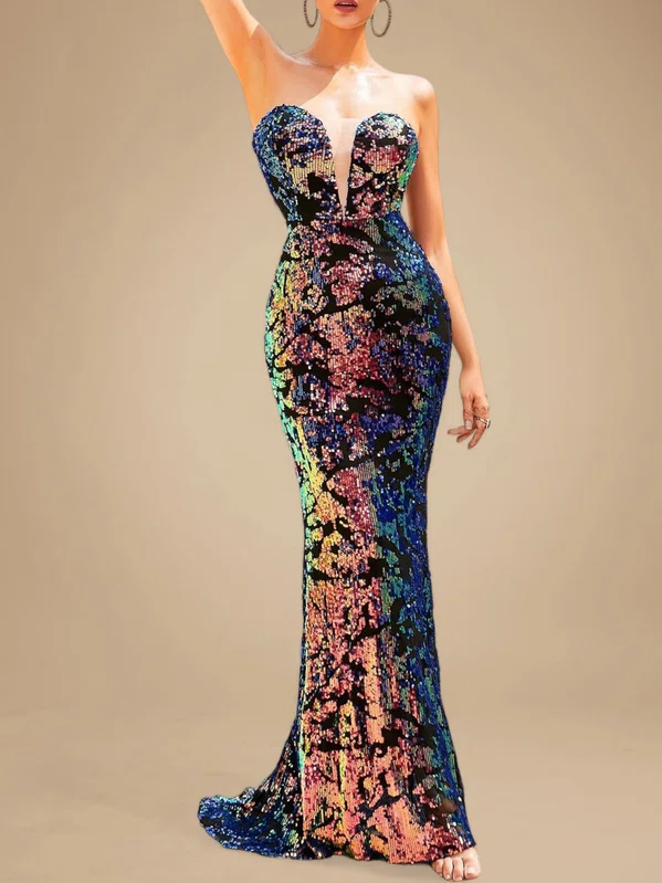 Trumpet/Mermaid V-neck Sequined Sweep Train Prom Dresses PT020118877