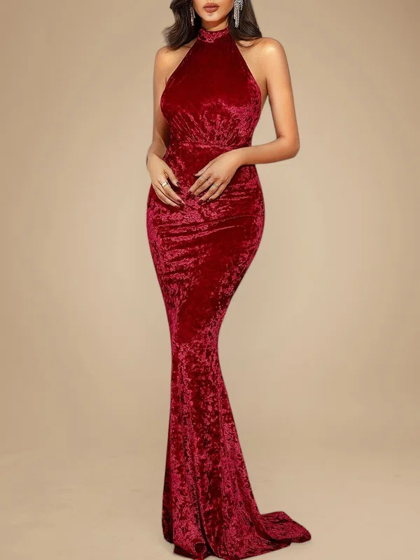 Trumpet/Mermaid Halter Velvet Sweep Train Prom Dresses PT020118898