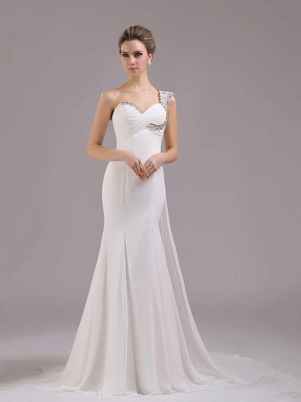 Trumpet/Mermaid White Chiffon Crystal Detailing One Shoulder Prom Dress #02014378