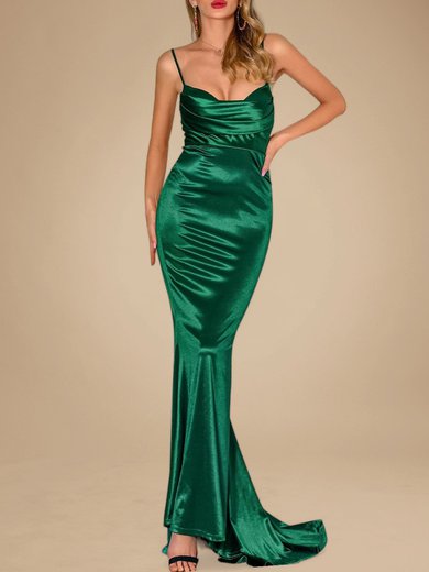 Trumpet/Mermaid Cowl Neck Silk-like Satin Sweep Train Ruffles Prom Dresses PT020118900