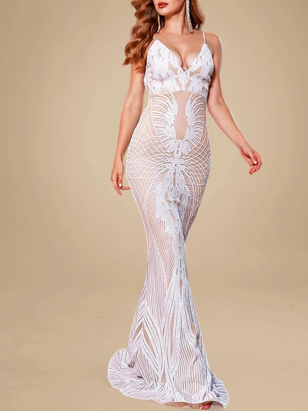 Trumpet/Mermaid V-neck Sequined Sweep Train Prom Dresses PT020119051