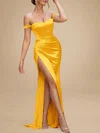Sheath/Column Off-the-shoulder Silk-like Satin Sweep Train Ruched Prom Dresses PT020119065