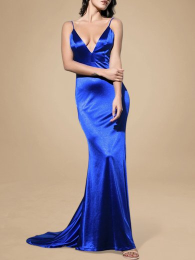 Trumpet/Mermaid V-neck Silk-like Satin Sweep Train Ruched Prom Dresses PT020119106