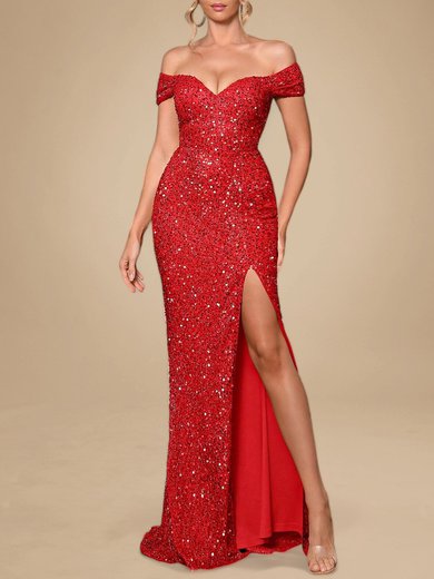 Sheath/Column Off-the-shoulder Velvet Sequins Floor-length Prom Dresses With Split Front S020119120