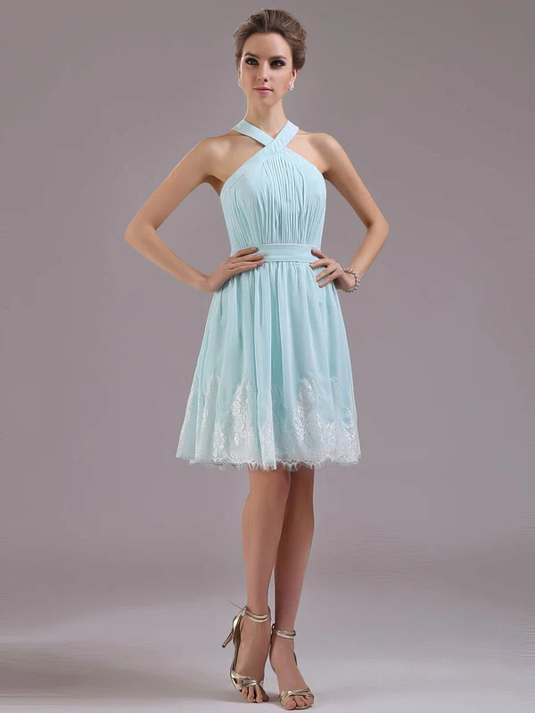 A-line Halter Chiffon Knee-length Appliques Lace Prom Dresses #02042240
