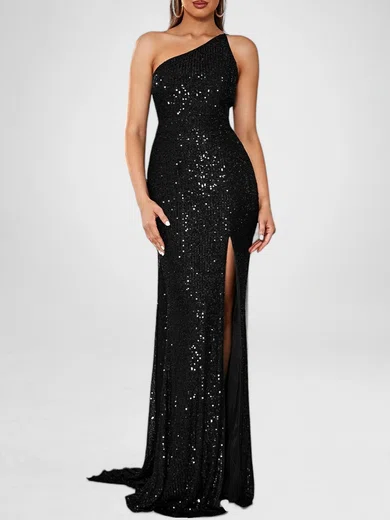 Sparkly Black Sequin Sheath/Column One Shoulder Formal Dresses PT020119205