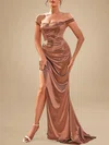 Sheath/Column Off-the-shoulder Silk-like Satin Sweep Train Split Front Prom Dresses PT020119208