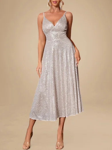 A-line V-neck Sequined Tea-length Prom Dresses PT020119231