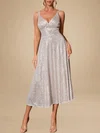 A-line V-neck Sequined Tea-length Prom Dresses PT020119231
