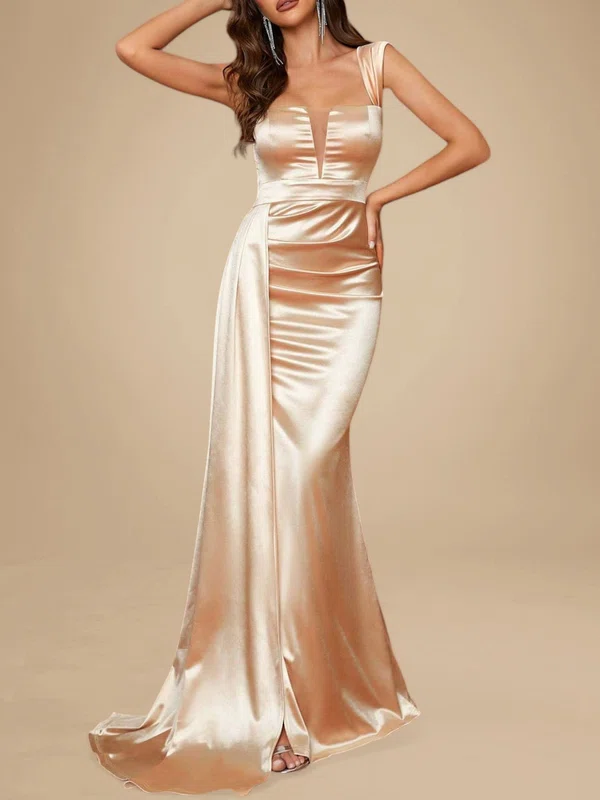 Sheath/Column Square Neckline Silk-like Satin Floor-length Split Front Prom Dresses PT020119240