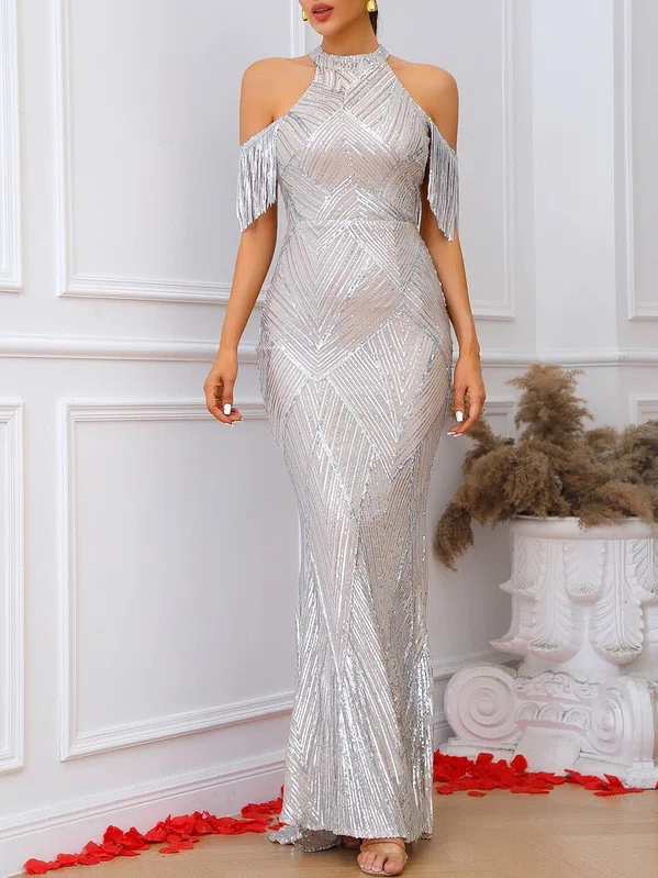 Sparkly Sheath/Column Sequin High Neck Fringe Formal Dresses PT020119250