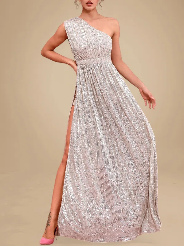 A-line One Shoulder Sequined Floor-length Split Front Prom Dresses PT020119261