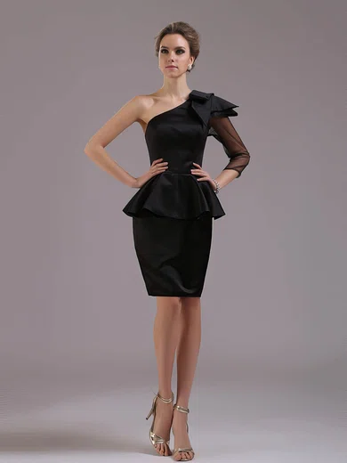 3/4 Sleeve Best Sheath/Column Black Satin Tulle One Shoulder Prom Dress #02023219