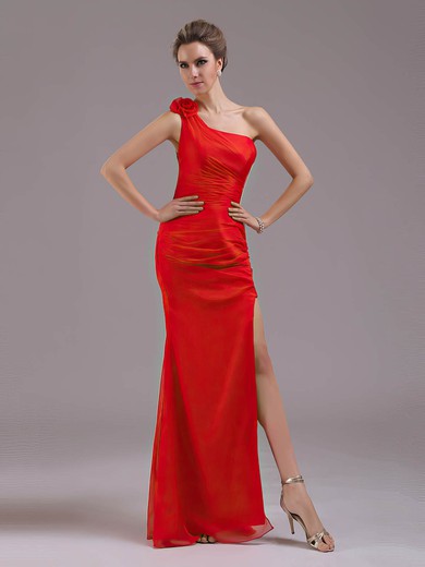 Red Split Front Chiffon Flower(s) Fashionable Sheath/Column One Shoulder Prom Dress #02023221