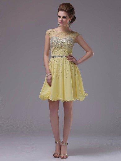 A-line Illusion Chiffon Tulle Short/Mini Beading Prom Dresses #02042245