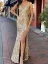 Trumpet/Mermaid V-neck Sequined Sweep Train Prom Dresses With Split Front #Milly020121238