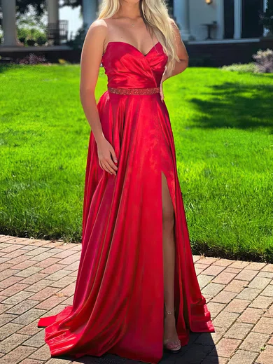 A-line V-neck Satin Strapless Prom Dresses With Ruched #Milly020121242