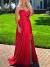 A-line V-neck Silk-like Satin Sweep Train Prom Dresses With Beading #Milly020121242
