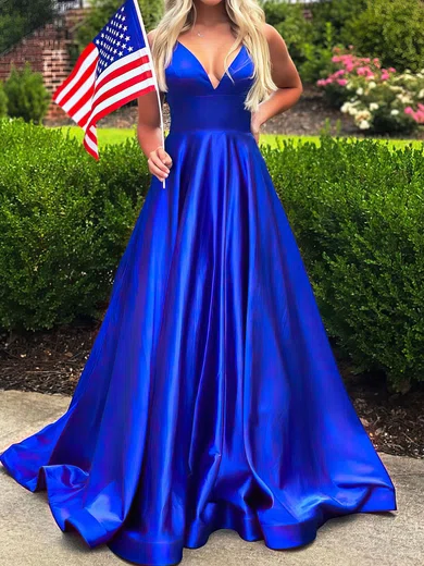 Ball Gown V-neck Satin Prom Dresses With Ruched #Milly020121243