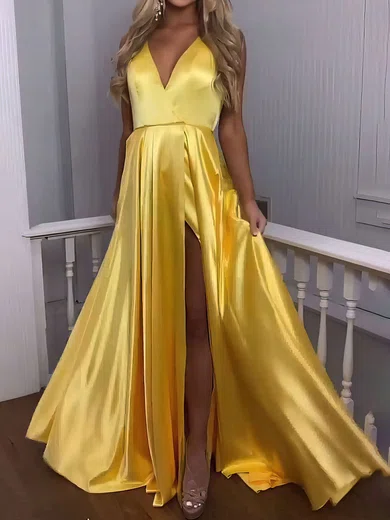 A-line V-neck Satin Prom Dresses With Ruched #Milly020121248