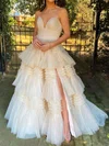 Ball Gown/Princess V-neck Tulle Glitter Sweep Train Prom Dresses With Tiered #Milly020121250