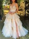 Ball Gown/Princess V-neck Tulle Glitter Sweep Train Prom Dresses With Tiered #Milly020121250