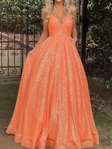 Ball Gown V-neck Ruched Sparkly Sequin Prom Dresses With Ruched #Milly020121252