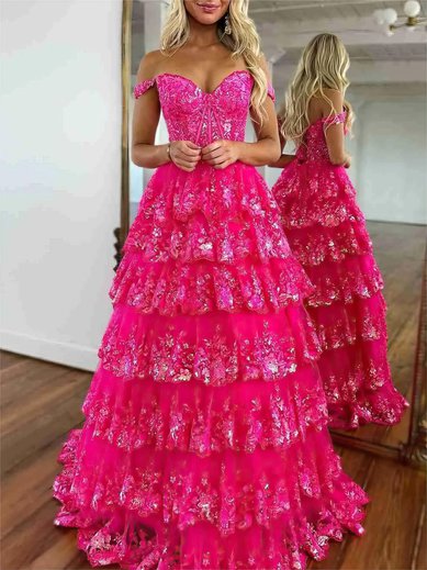 Ball Gown/Princess Off-the-shoulder Tulle Sweep Train Prom Dresses With Tiered #Milly020121271