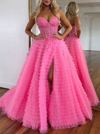 Ball Gown/Princess Sweetheart Tulle Sweep Train Prom Dresses With Appliques Lace #Milly020121272