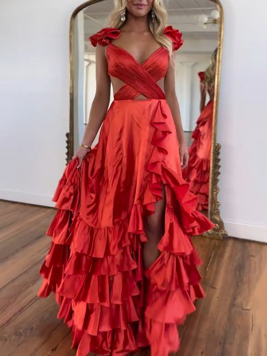 A-line V-neck Silk-like Satin Sweep Train Prom Dresses With Ruffles #Milly020121273