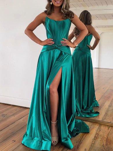 A-line Straight Silk-like Satin Sweep Train Prom Dresses With Ruched #Milly020121274