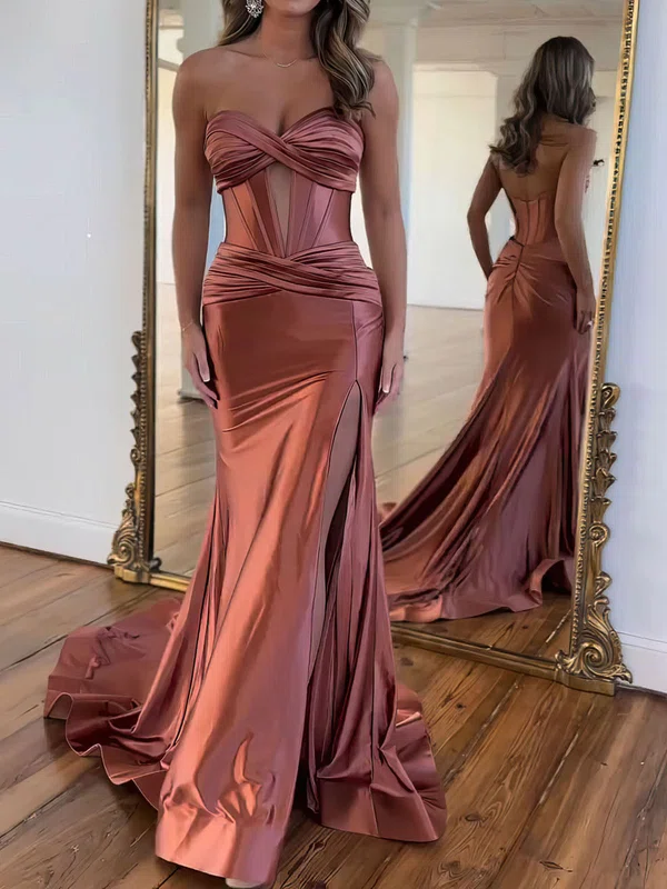 Trumpet/Mermaid Sweetheart Silk-like Satin Sweep Train Prom Dresses With Ruched #Milly020121282