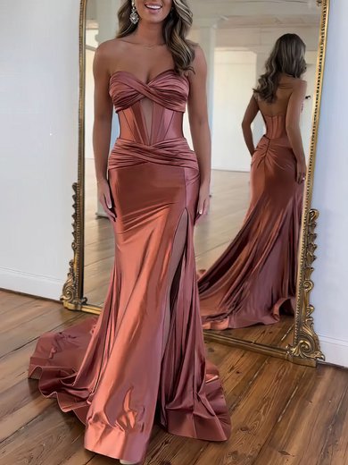 Trumpet/Mermaid Sweetheart Silk-like Satin Sweep Train Prom Dresses With Ruched #Milly020121282