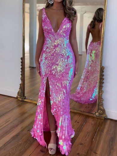 Trumpet/Mermaid V-neck Sequined Sweep Train Prom Dresses With Split Front #Milly020121284