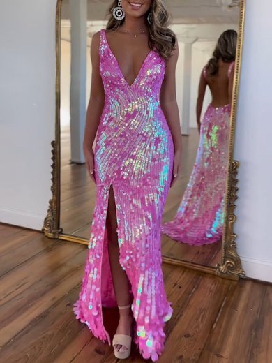 Trumpet/Mermaid V-neck Sequined Sweep Train Prom Dresses With Split Front #Milly020121284