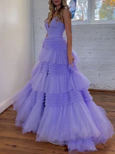 Ball Gown/Princess V-neck Tulle Glitter Sweep Train Prom Dresses With Tiered #Milly020121288