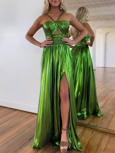 A-line Halter Metallic Floor-length Prom Dresses With Ruched #Milly020121289