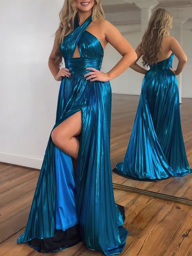 A-line Halter Metallic Floor-length Prom Dresses With Ruched #Milly020121291