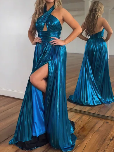 A-line Halter Metallic Floor-length Prom Dresses With Split Front S020121291